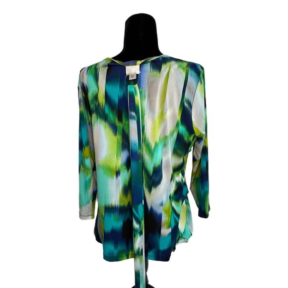 Worthington Blue & Green 3/4 Sleeve Multicolor Blouse With Belt, XL, Pre-owned - Picture 2 of 5